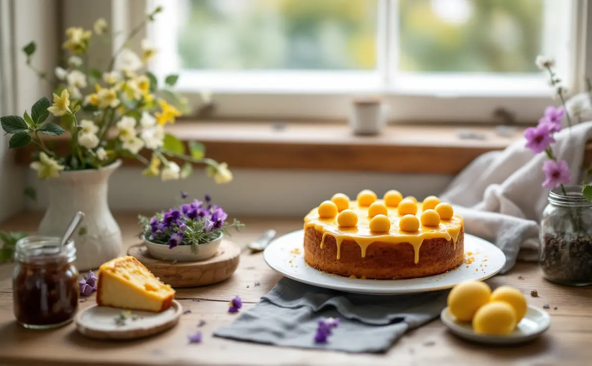 A simnel cake topped with toasted marzipan balls on a wooden table beside a small posy of violets and primroses.
