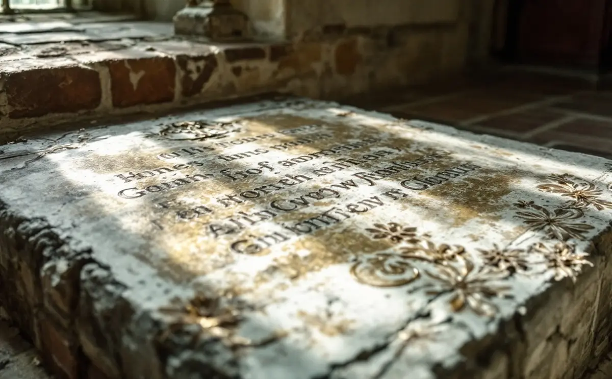 A worn memorial brass set into a grey stone slab on a church floor, lit by low daylight from a nearby window.