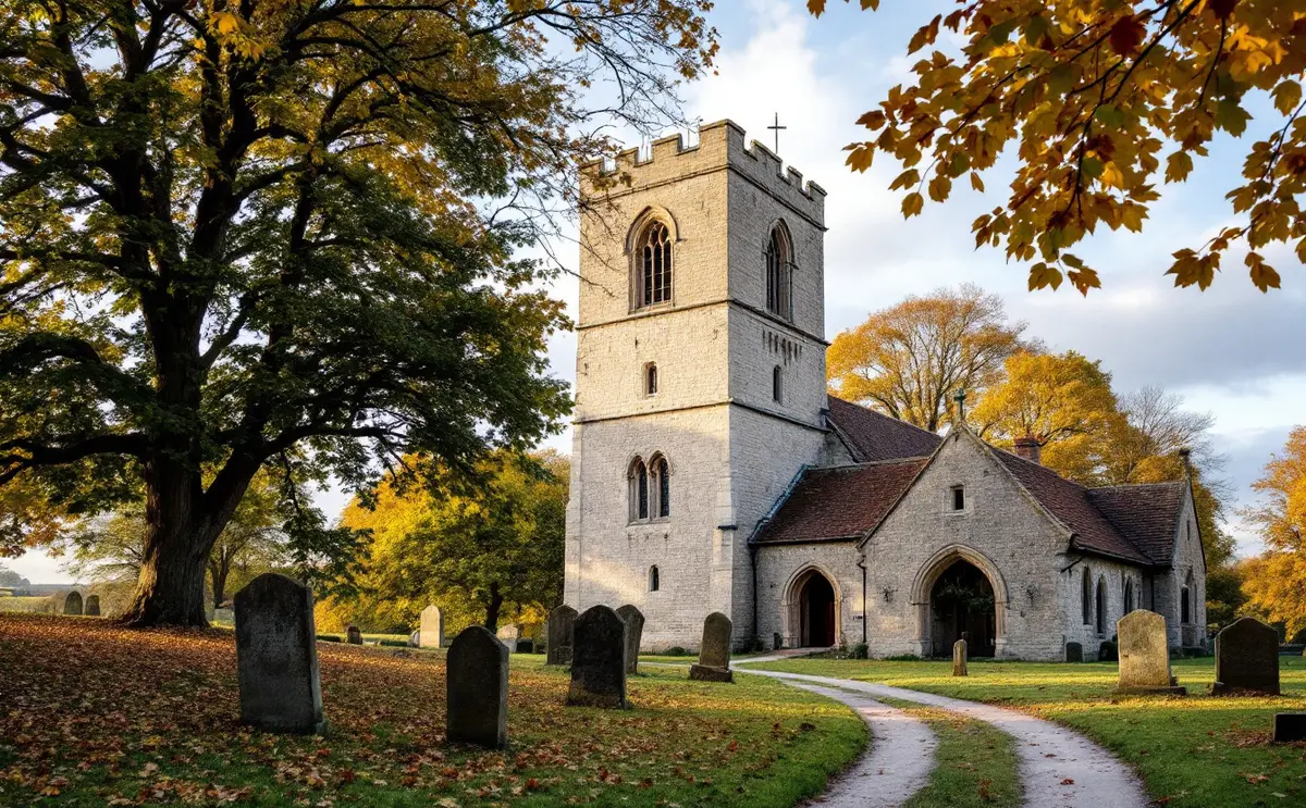 A flint church with a battlemented west tower standing among trees and parkland on a clear autumn afternoon.