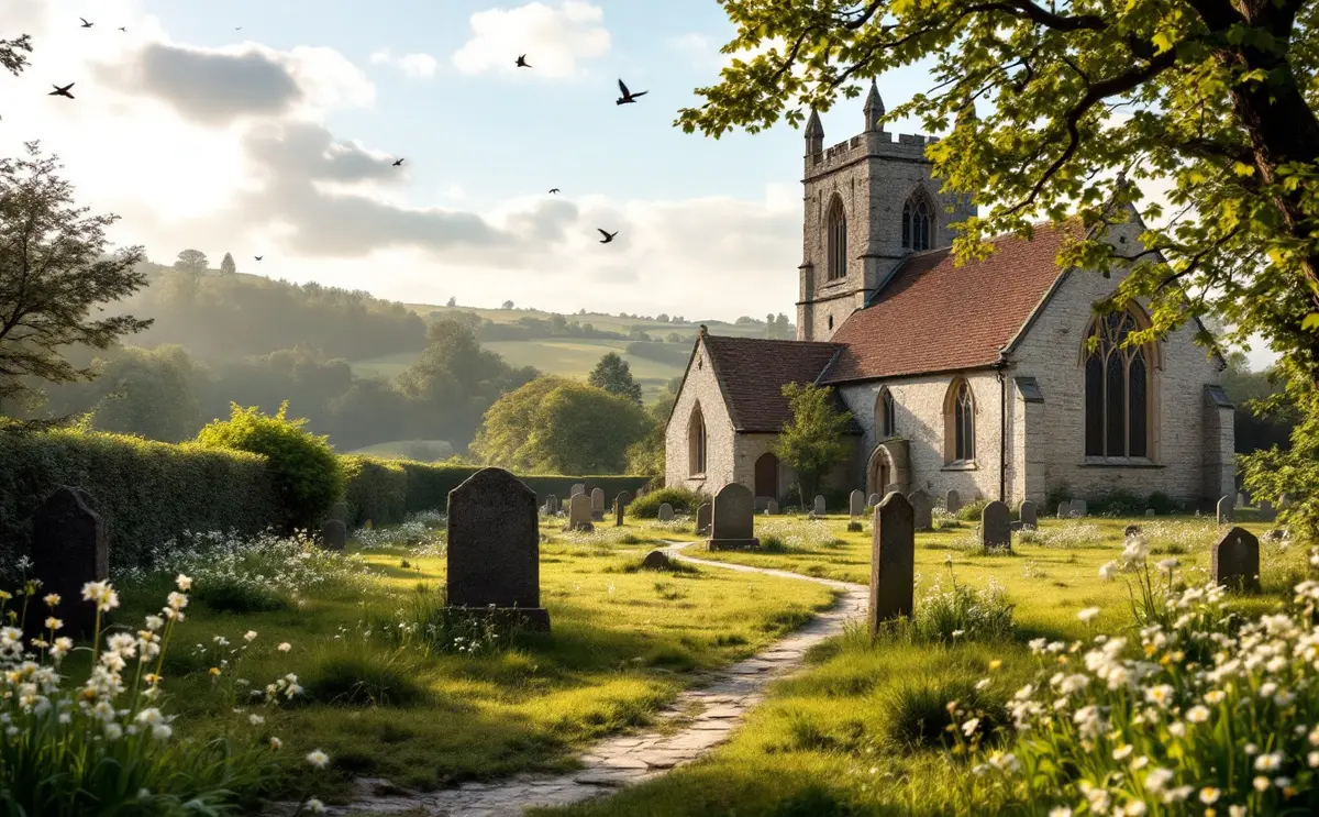 A Victorian flint church with stone dressings and a tower, seen across a churchyard of long grass and wild flowers in early summer.